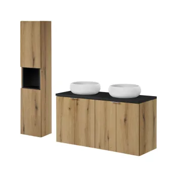 Set mobilier baie Nova Oak 120 cm, dulap inalt si masca dubla cu lavoar, Comad, MDF/PAL, stejar/negru imagine