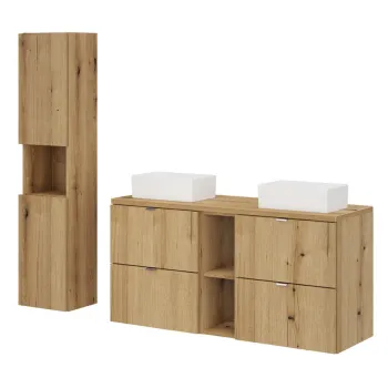Set mobilier baie, Nova Oak 120 cm, dulap inalt si masca dubla cu lavoar, Comad, PAL, stejar imagine