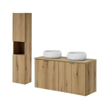 Set mobilier baie Nova Oak 120 cm, dulap inalt si masca dubla cu lavoar, Comad, PAL, stejar imagine