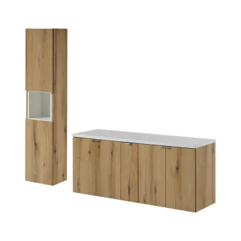 Set mobilier baie Nova Oak 140 cm D HC, dulap inalt si masca dubla lavoar, Comad, MDF/PAL, stejar/alb imagine