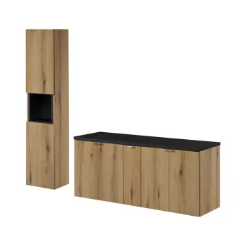 Set mobilier baie Nova Oak 140 cm D HC, dulap inalt si masca dubla lavoar, Comad, MDF/PAL, stejar/negru imagine