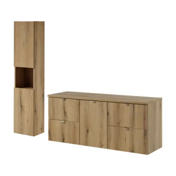 Set mobilier baie, Nova Oak 140 cm, dulap inalt si masca dubla pentru lavoar, Comad, PAL, stejar imagine