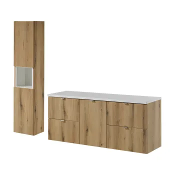 Set mobilier baie Nova Oak 140 cm S HC, dulap inalt si masca dubla lavoar, Comad, MDF/PAL,  stejar/alb imagine