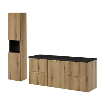 Set mobilier baie Nova Oak 140 cm S HC, dulap inalt si masca dubla lavoar, Comad, MDF/PAL,  stejar/negru imagine