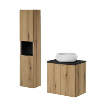 Set mobilier baie, Nova Oak 60 cm D, dulap inalt si masca cu lavoar, Comad, MDF/PAL, stejar/negru imagine