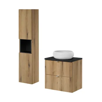 Set mobilier baie, Nova Oak 60 cm S, dulap inalt si masca cu lavoar, Comad, MDF/PAL, stejar/negru imagine