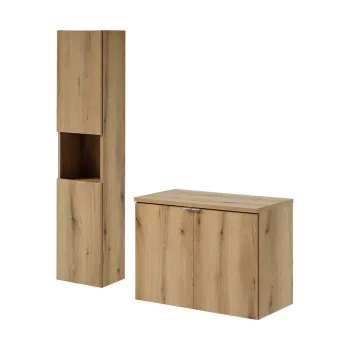 Set mobilier baie, Nova Oak 80 cm D HC, dulap inalt si masca dubla pentru lavoar, Comad, PAL, stejar imagine