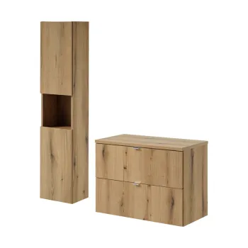 Set mobilier baie, Nova Oak 80 cm S HC, dulap inalt si masca dubla pentru lavoar, Comad, PAL, stejar imagine