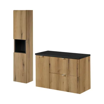 Set mobilier baie Nova Oak 90 cm, dulap inalt si masca lavoar, Comad, MDF/PAL, stejar/negru imagine