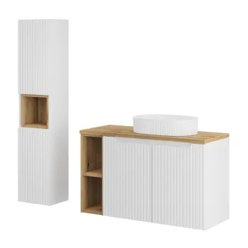 Set mobilier baie Nova White Beyond 100 cm, dulap inalt si masca cu lavoar, Comad, MDF/PAL, alb/stejar imagine