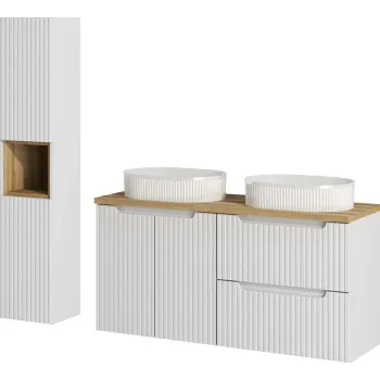 Set mobilier baie Nova White Beyond 120 cm, dulap inalt si masca dubla cu lavoar, Comad, MDF/PAL, alb/stejar imagine