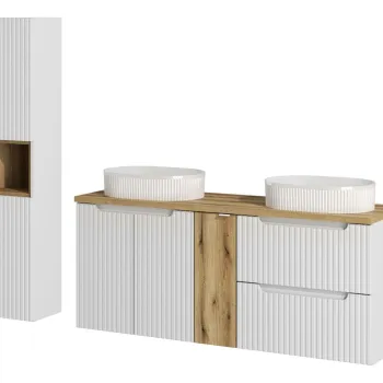 Set mobilier baie Nova White Beyond 140 cm D, dulap inalt si masca dubla cu lavoar, Comad, MDF/PAL, alb/stejar imagine
