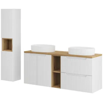 Set mobilier baie Nova White Beyond 140 cm, dulap inalt si masca dubla cu lavoar, Comad, MDF/PAL, alb/stejar imagine