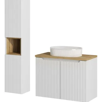 Set mobilier baie Nova White Beyond 80 cm, dulap inalt si masca cu lavoar, Comad, MDF/PAL, alb/stejar imagine