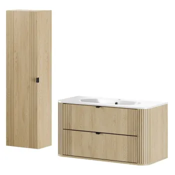 Set mobilier baie, Ovalia Cremona 100 cm, dulap inalt si masca cu lavoar, Comad, MDF/PAL, stejar imagine