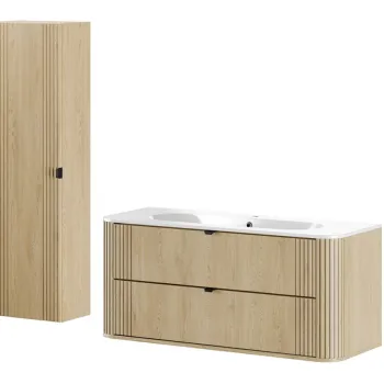 Set mobilier baie, Ovalia Cremona 120 cm, dulap inalt si masca cu lavoar, Comad, MDF/PAL, stejar imagine