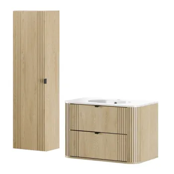 Set mobilier baie, Ovalia Cremona 80 cm, dulap inalt si masca cu lavoar, Comad, MDF/PAL, stejar imagine