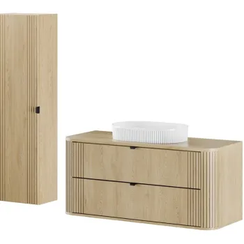 Set mobilier baie, Ovalia Cremona Beyond 120 cm, dulap inalt si masca cu lavoar, Comad, MDF/PAL, stejar imagine