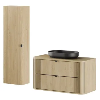 Set mobilier baie, Ovalia Cremona River 100 cm, dulap inalt si masca cu lavoar, Comad, MDF/PAL, stejar imagine