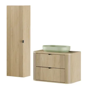 Set mobilier baie, Ovalia Cremona River 80 cm, dulap inalt si masca cu lavoar, Comad, MDF/PAL, stejar imagine