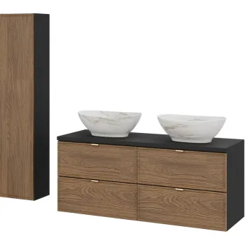 Set mobilier baie Talia Casella 120 cm, dulap inalt si masca dubla cu lavoar, Comad, MDF/PAL, stejar/negru mat imagine