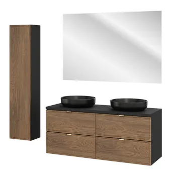 Set mobilier baie Talia Casella 120 cm, dulap inalt si masca dubla cu lavoar si oglinda, Comad, MDF/PAL, stejar/negru mat imagine