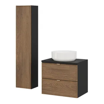 Set mobilier baie Talia Casella 60 cm, dulap inalt si masca cu lavoar, MDF/PAL, Comad, stejar/negru mat imagine