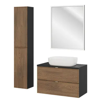 Set mobilier baie Talia Casella 80 cm, dulap inalt, masca cu lavoar si oglinda LED, Comad, MDF/PAL, stejar/negru mat imagine