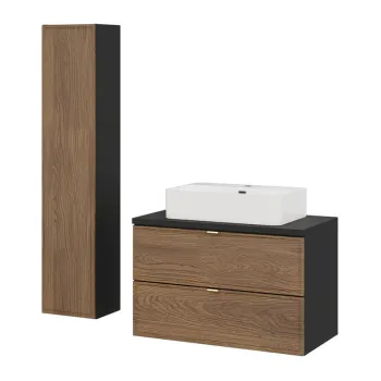 Set mobilier baie Talia Casella 80 cm, dulap inalt si masca cu lavoar, Comad, MDF/PAL, stejar/negru mat imagine