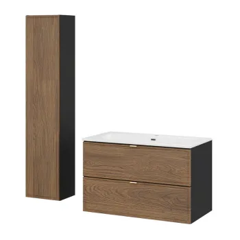 Set mobilier baie Talia Casella 80 cm HC, dulap inalt si masca cu lavoar, Comad, MDF/PAL, stejar/negru mat imagine