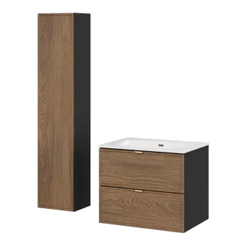 Set mobilier baie Talia Casella Sky 60 cm, dulap inalt si masca cu lavoar, Comad, MDF/PAL, stejar/negru mat imagine