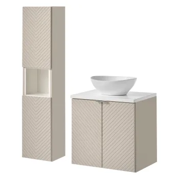 Set mobilier baie Viva Cashmere Lola 60 cm, dulap inalt si masca cu lavoar, Comad, MDF/PAL, casmir/alb imagine