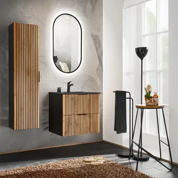 Set mobilier baie Xilo 60 cm, dulap inalt, masca cu lavoar si oglinda LED, Comad, MDF/PAL, negru/stejar imagine