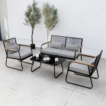 Set mobilier gradina/terasa, 2 fotolii + canapea + masuta, otel, negru/gri imagine