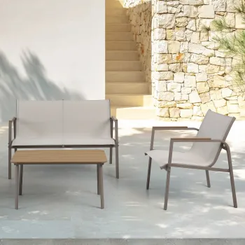 Set mobilier gradina/terasa, 2 fotolii + canapea + masuta Parma, 62x72x81 cm/ 119x70x81 cm/ 85x45x41 cm, otel/textilina, bej/natur imagine