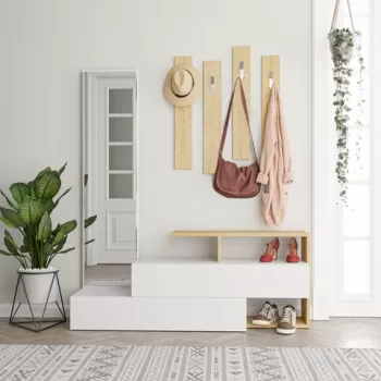 Set mobilier pentru hol 3 piese, Decortie, Ramda, pal melaminat, alb/stejar imagine