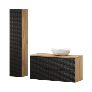 Set moblier baie, masca cu lavoar si dulap inalt, 120 cm Cloud, Luxor Black, Comad, MDF/PAL laminat, negru mat/stejar imagine