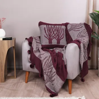 Set patura si perna Single Tricot 130x170 cm, 45x45 cm, Ponpon Tree - Claret Red, Evlen Home - Bedroom, Acril imagine