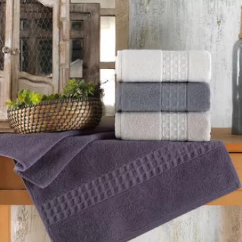 Set prosoape de baie (4 bucati), Saheser, Aria, Bumbac, Violet / Gri / Alb / Crem imagine