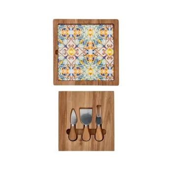 Set servire branzeturi, tocator si cutite, Medicea, Brandani, 24x24 cm, lemn de salcam/ceramica/inox imagine