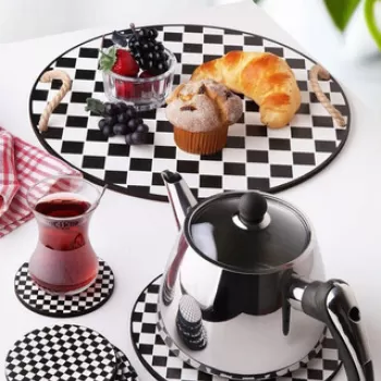 Set tava servire + suporturi pahare, Planet X, 283PLN1101, Lemn, Alb/Negru imagine