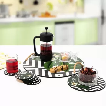 Set tava servire + suporturi pahare, Planet X, 283PLN1103, Lemn, Multicolor imagine
