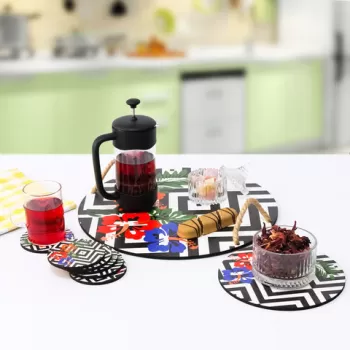 Set tava servire + suporturi pahare, Planet X, 283PLN1104, Lemn, Multicolor imagine