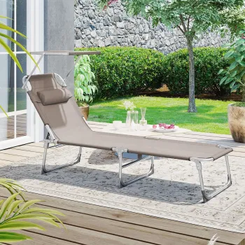 Sezlong pliabil cu parasolar si tetiera, Songmics, max 150 kg, 193x53x29.5 cm, grej imagine