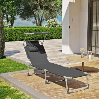 Sezlong pliabil cu parasolar si tetiera, Songmics, max 150 kg, 193x53x29.5 cm, gri inchis imagine