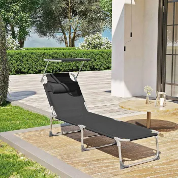 Sezlong pliabil cu parasolar si tetiera, Songmics, max 150 kg, 193x53x29.5 cm, negru imagine