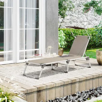 Sezlong pliabil cu parasolar, Songmics, 55x193x31 cm, max 150 kg, aluminiu/tesatura sintetica, maro imagine