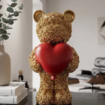 Statueta / figurina decorativa, Mauro Ferretti, Teddy Bear With Heart, 8.5x7x16 cm, polirasina, auriu/rosu imagine