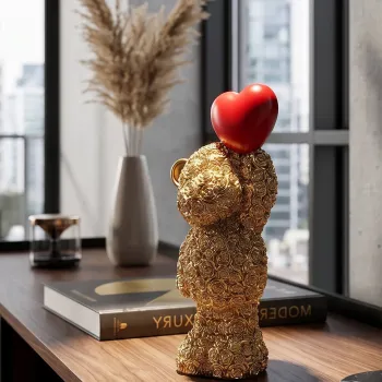 Statueta / figurina decorativa, Mauro Ferretti, Teddy Bear With Heart, 9x6.5x18.8 cm, polirasina, auriu/rosu imagine