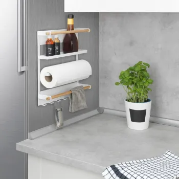 Suport multifunctional pentru bucatarie, Wenko, Magna, 33 x 8 x 34 cm, metal/bambus, alb/egru imagine
